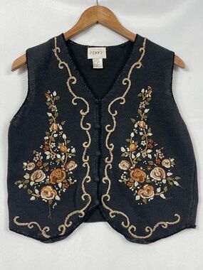 Vtg Jenny Embroidered Vest Black Knit Med Moody Floral Grandma Cottagecore